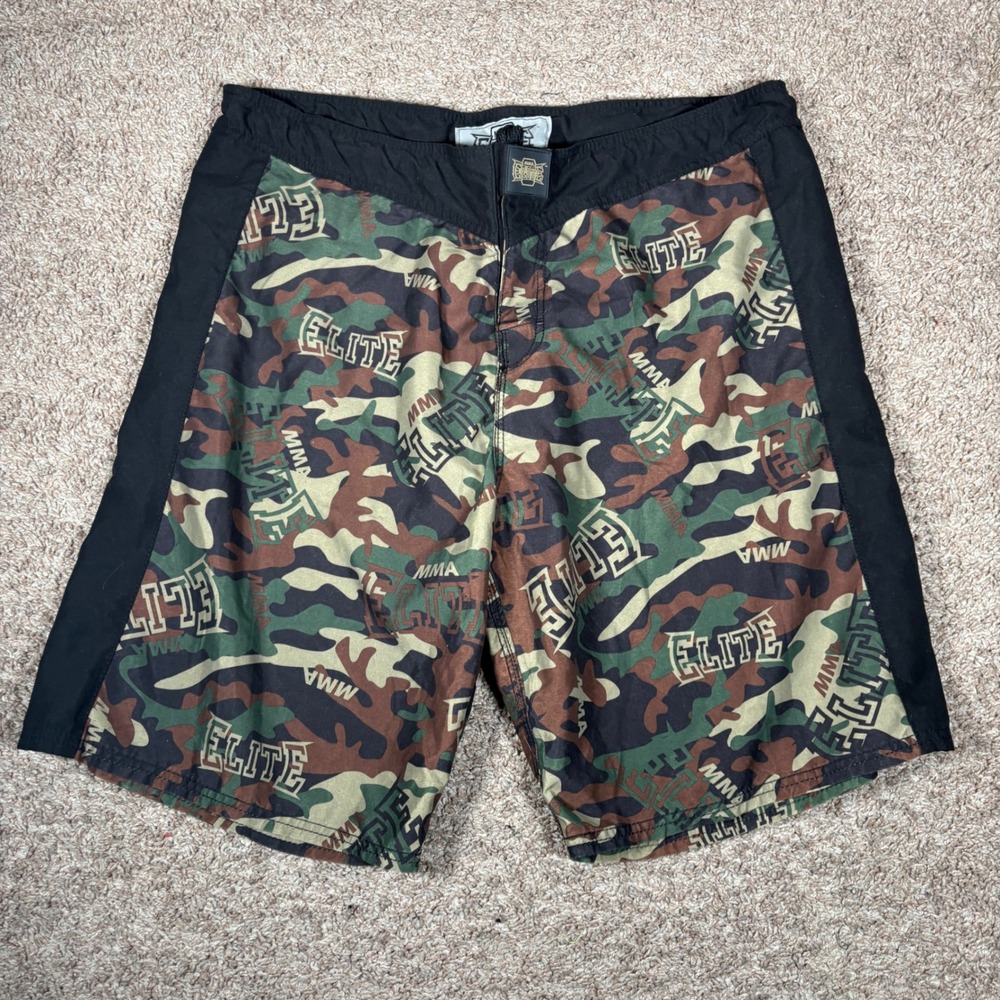 MMA Elite Fighting Shorts Camouflage Camo Black Trim Board Shorts Mens Size XL
